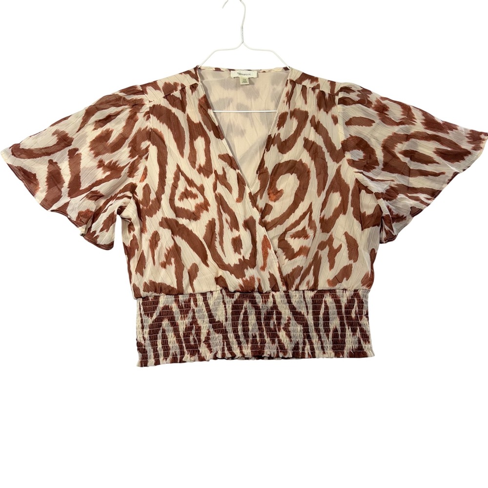 Tamara H Women's Large Brown White Abstract Animal Print Cropped Blouse Top